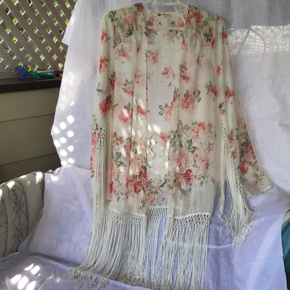Cotton Candy Floral Sheer Fringe Swim Coverup in Cream and Coral